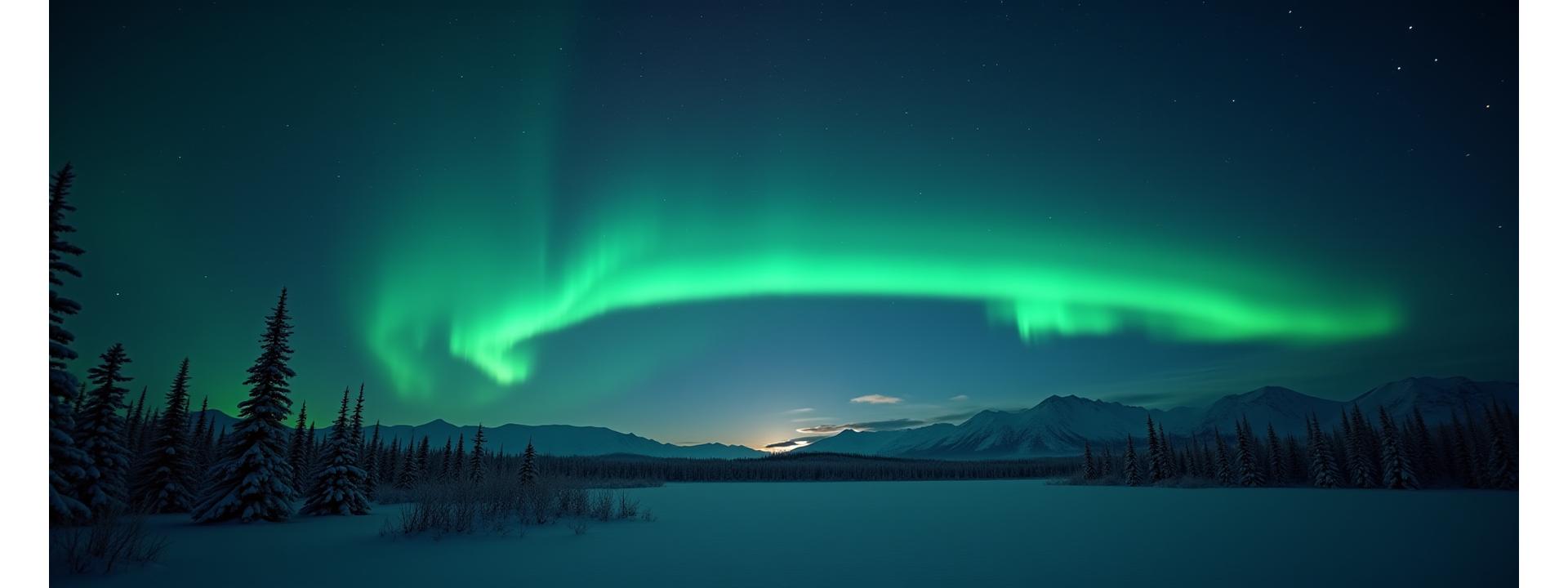 Aurora Borealis dancing over a vast, snow-covered Yukon landscape at night, creating a magical and awe-inspiring scene. It symbolizes Arctic Hearth's deep connection to the Arctic and its natural wonders.