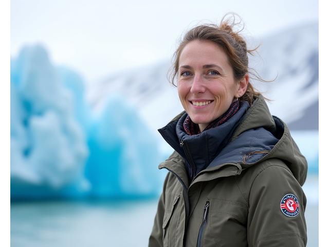 Portrait of Dr. Elara Vance, an environmental scientist, smiling warmly with a pristine Arctic glacial background.