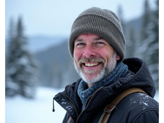Portrait of Liam O'Connell, an experienced wilderness guide with a friendly smile, standing in front of a snowy Yukon forest.