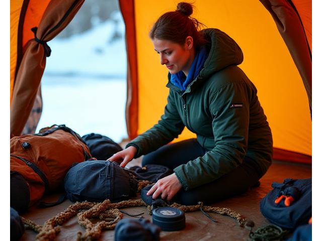 Portrait of Sara Dubois, an operations manager, efficiently organizing gear in a well-lit basecamp tent.