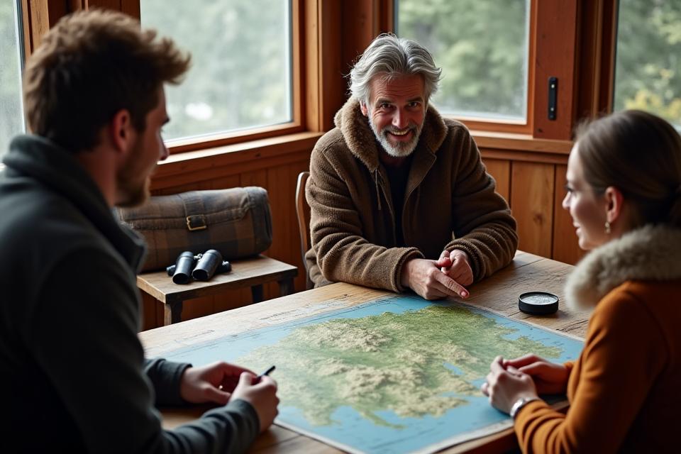 An Arctic Hearth guide consulting with a couple in front of a map, planning their wilderness expedition within a cozy, well-lit cabin