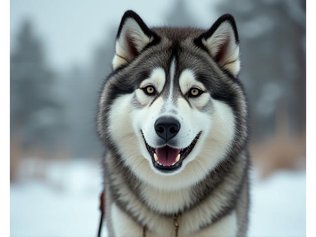Close-up of Kodiak, a powerful husky with a thick grey coat, looking friendly and strong.