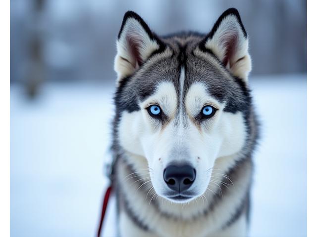 Portrait of Sierra, a lead husky with bright blue eyes, looking alert and focused.