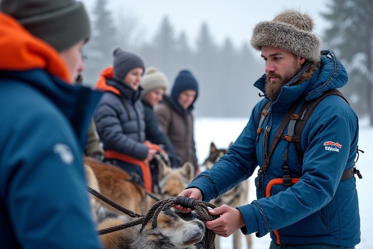 Musher demonstrating how to hold sled handles and brake to a small group of participants in a snowy forest.