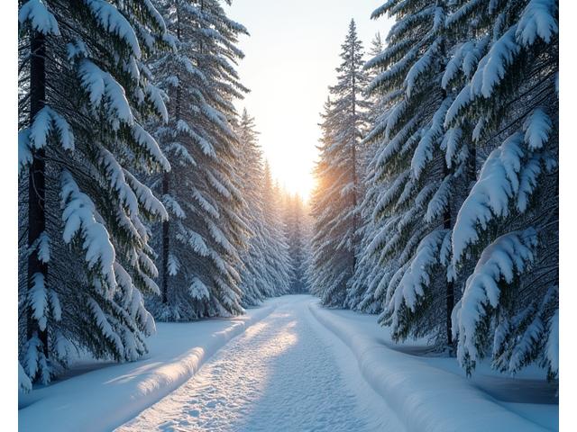 Snow-laden boreal forest with dappled sunlight, creating a magical winter wonderland scene.