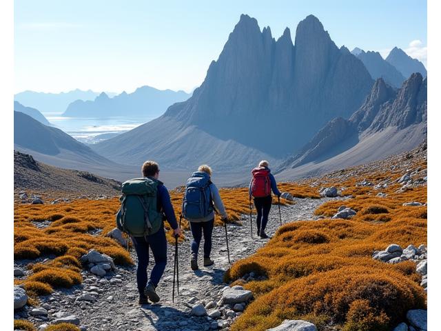 A small group of experienced trekkers navigating a rocky, open tundra landscape with heavy backpacks, illustrating a challenging multi-day expedition.
