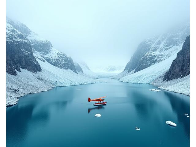 An aerial view of a bush plane landing on a remote, pristine lake surrounded by vast, untouched Arctic mountains and glaciers, symbolizing an extreme fly-in expedition.