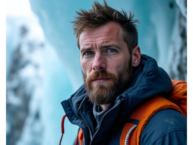 Portrait of Finn, a rugged male guide with a full beard and a thoughtful expression, wearing cold-weather outdoor gear, against a backdrop of an ice cave or glacier.