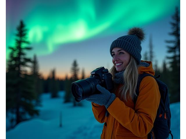 Portrait of Sara, a vibrant female guide with a keen eye, holding a camera, dressed in practical outdoor gear, with a backdrop of a stunning Northern Lights display.