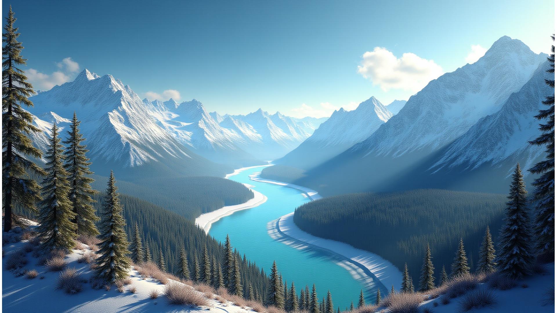 Expansive Yukon wilderness with snow-capped mountains, a pristine river, and vast taiga forest under a clear, bright sky, evoking adventure and serenity.