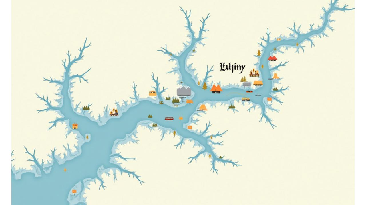Artistic map of a sample multi-day expedition route in the Yukon, highlighting key landmarks, tundra, taiga, and river sections with campsite icons.