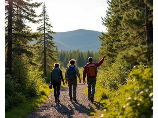 Hikers on a well-maintained trail in a lush taiga forest with distant mountains, representing a moderate expedition.