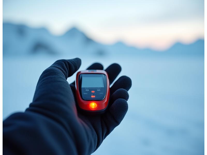 A hand holding a satellite emergency beacon (PLB) against a snowy Arctic backdrop, emphasizing safety and communication in remote areas.