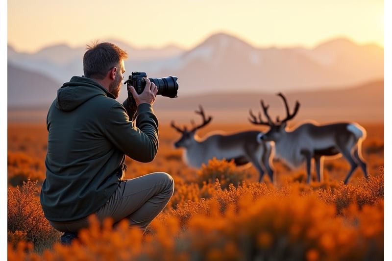 Mark, a middle-aged man with a professional camera, capturing a photograph of a caribou herd against an autumn-hued tundra backdrop.