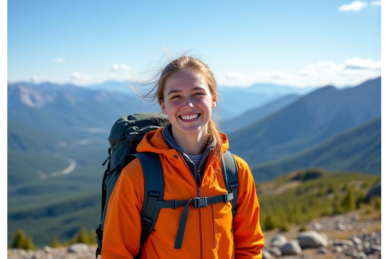 Sarah, a young woman, beaming with pride at the summit of a mountain with a vast Yukon landscape behind her, backpack evident.
