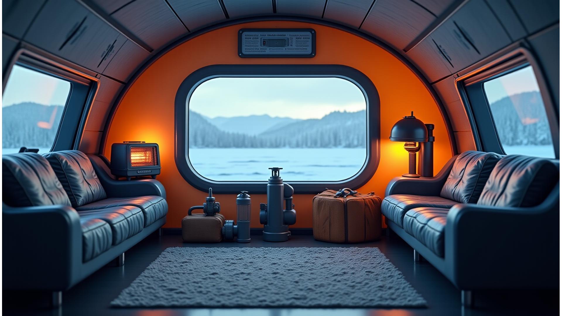 Interior of a spacious, heated ice fishing shelter with comfortable seating, a portable heater, and fishing gear neatly arranged, sunlight streaming through a window onto the ice hole.