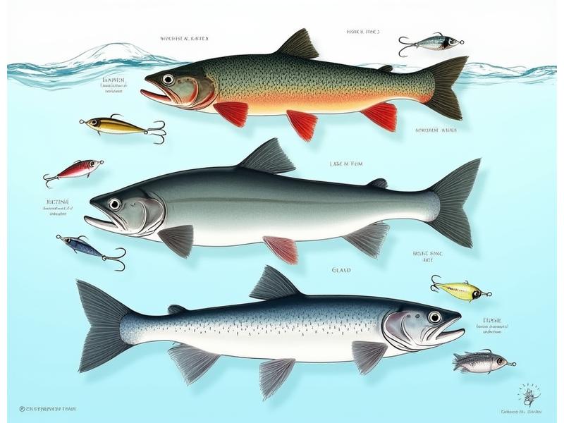 Illustrative guide showcasing Arctic fish species like Lake Trout, Northern Pike, and Arctic Grayling, along with different ice fishing techniques and bait.