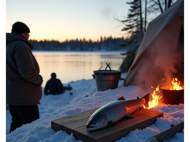Anglers preparing a fresh catch for a shore lunch next to a remote ice fishing camp, smoke curling from a small fire.