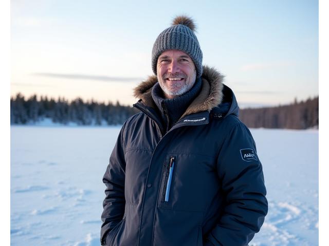 Portrait of Alex 'The Ice Whisperer' Dubois, a seasoned Arctic Hearth ice fishing guide, smiling in warm winter gear on a frozen lake.