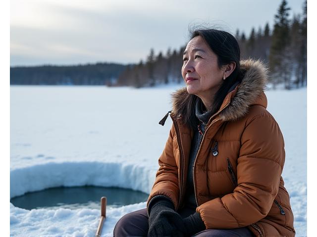 Portrait of Lilith 'The Storyteller' Blackwood, a cultural guide from Arctic Hearth, sharing traditional knowledge by an ice fishing hole.