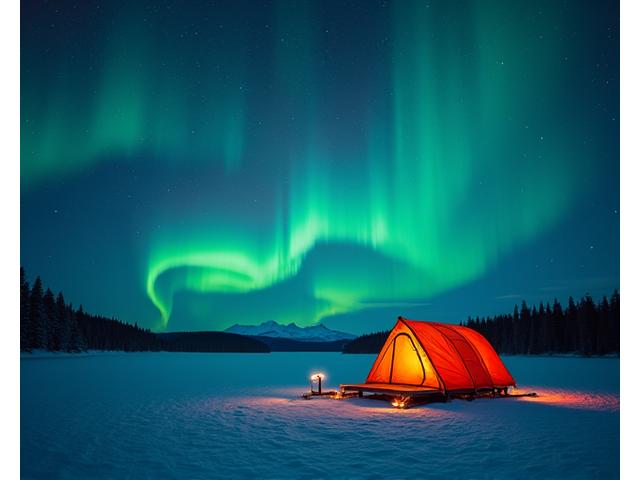 Overnight ice fishing camp with insulated tents glowing under a starlit Arctic sky, surrounded by snow.