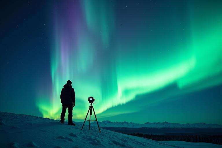 A photographer silhouetted against a spectacular Northern Lights display, tripod set up.