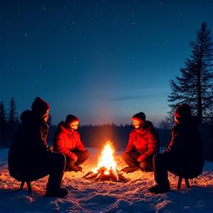 Guest photo of a group around a campfire under a starry sky.