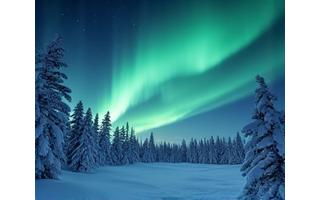 Winter Arctic landscape with deep snow, frozen trees, and bright Northern Lights.