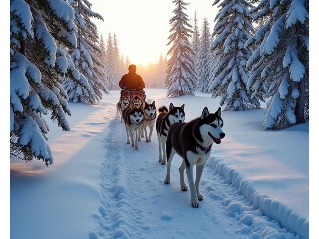 Musher driving a dog sled team through a snowy Yukon forest trail