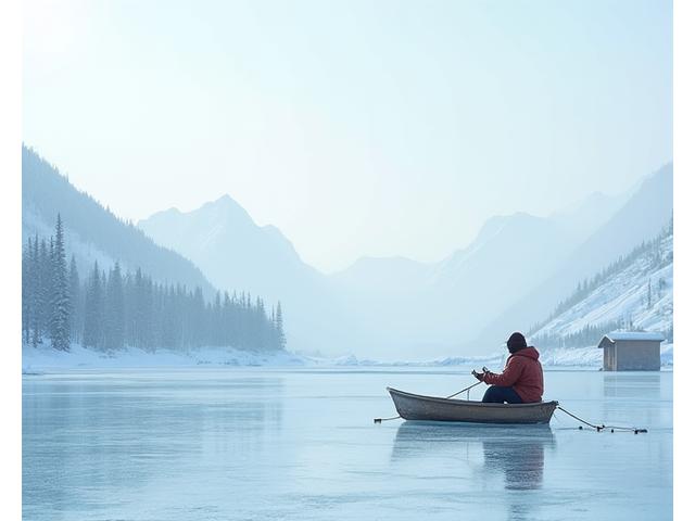 An ice fisherman on a frozen lake, surrounded by snow and distant mountains