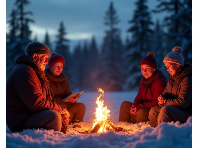 Elderly Indigenous person sharing stories around a campfire under the stars