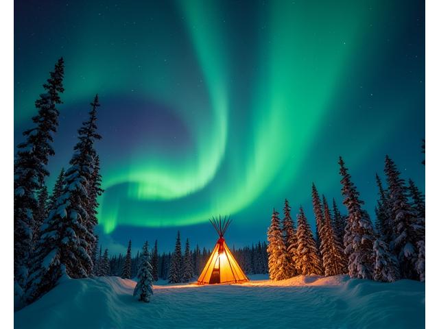 Vibrant green and purple Northern Lights dancing over a snow-covered teepee and forest