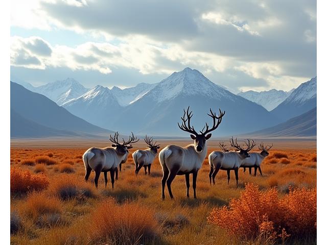 A herd of caribou grazing in a vast, autumn-colored tundra landscape