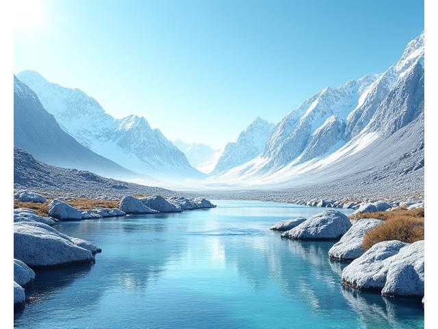 Clean glacier stream flowing through an untouched Arctic valley under a clear blue sky.