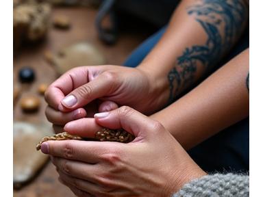 Hands meticulously working on traditional Indigenous beadwork