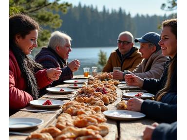 Group sharing a traditional meal of bannock and local berries, outdoors