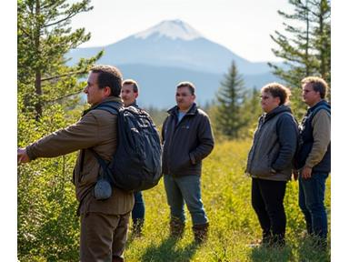 Group learning traditional plant identification from an Indigenous guide in a boreal forest