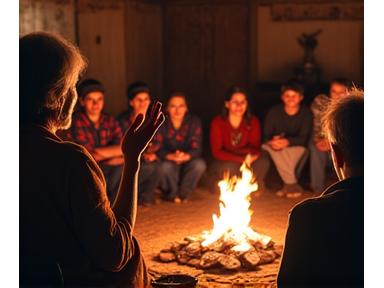 Indigenous elder captivating an audience with traditional storytelling, fireside setting