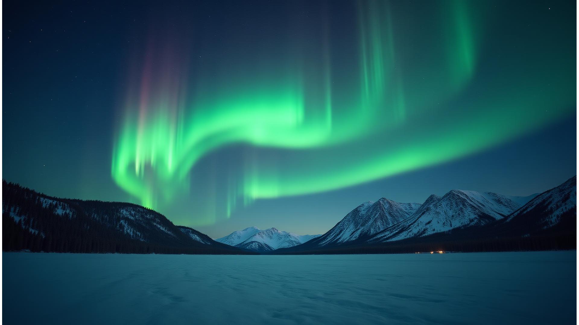 Stunning Northern Lights over a vast Arctic landscape with mountains and a calm lake, captured by a workshop participant