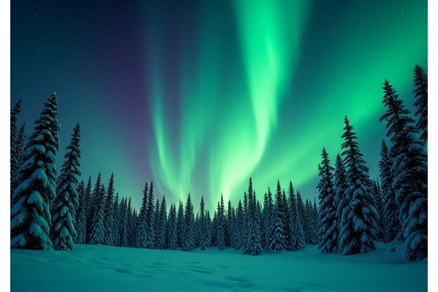 Vibrant green and purple Aurora Borealis illuminating a snow-covered forest, taken by a student.