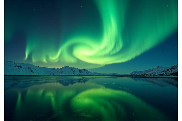 Dancing Northern Lights reflecting in a calm Arctic lake under a star-filled sky, by a workshop graduate.