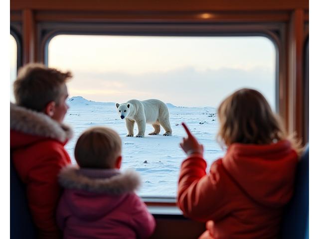 Family with children watching a distant polar bear from a tundra buggy