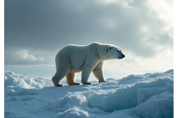 A polar bear walking resolutely across an ice floe under an epic Arctic sky