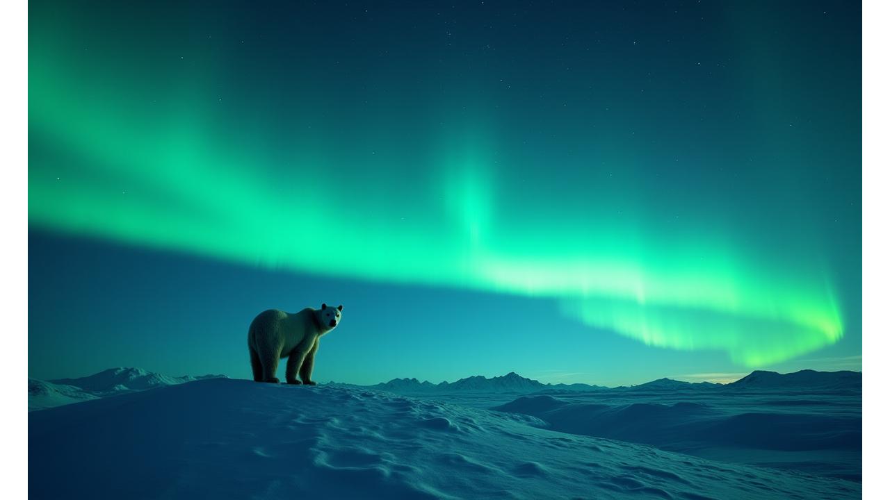 A polar bear silhouetted against a vibrant Northern Lights display