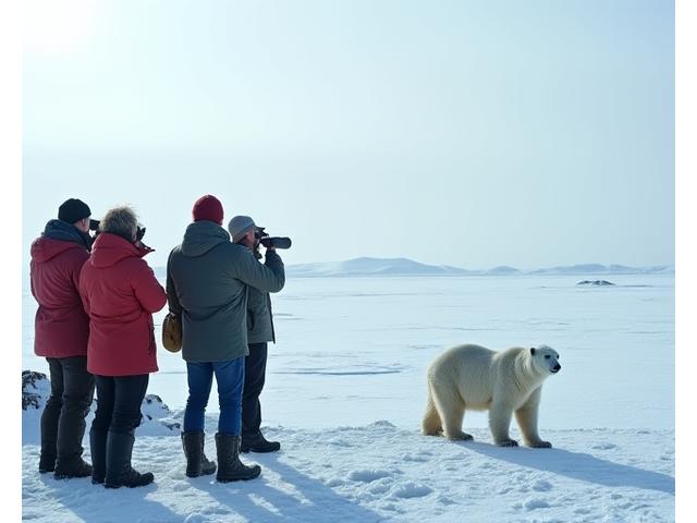 Small group of tourists observing a polar bear with a researcher, in a respectful distance