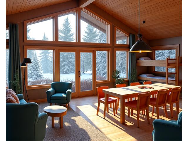 Spacious family lodge cabin interior with dining area and bunk beds