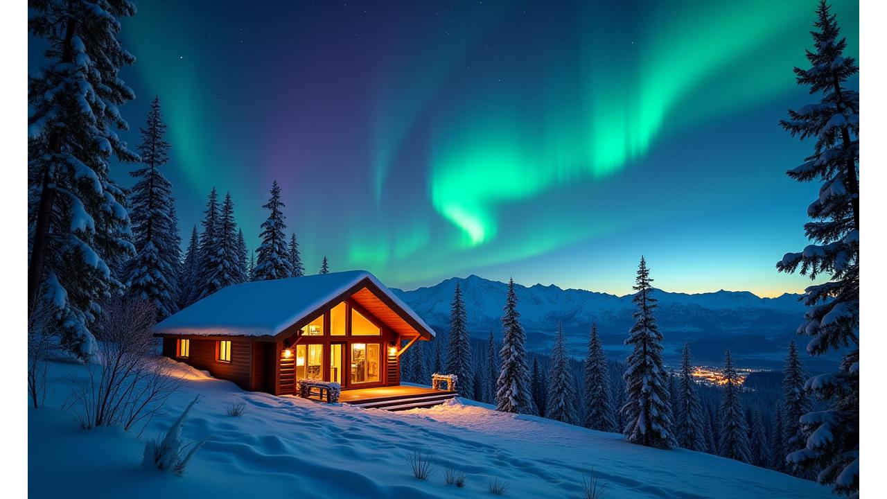 Stunning remote cabin in pristine Yukon wilderness under night sky with northern lights