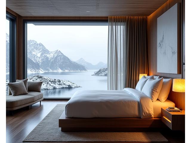 Elegant luxury wilderness cabin interior with modern amenities and large windows