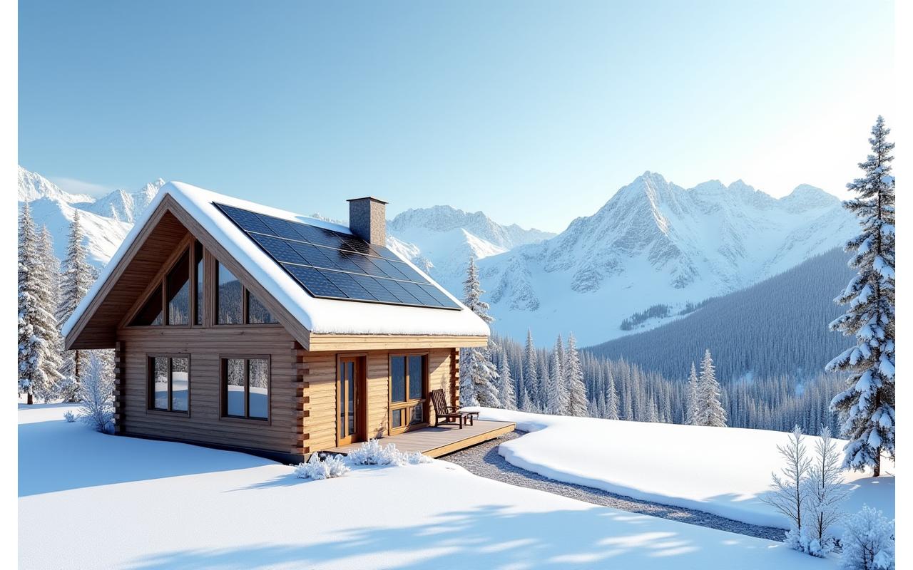 Solar panels on a pristine remote cabin roof with snowy mountains in the background