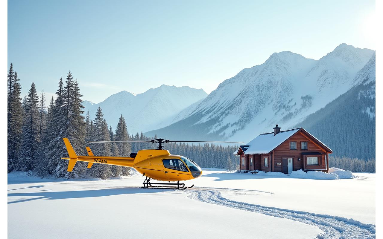 Helicopter landing near a remote cabin with vast snowy mountains and forest